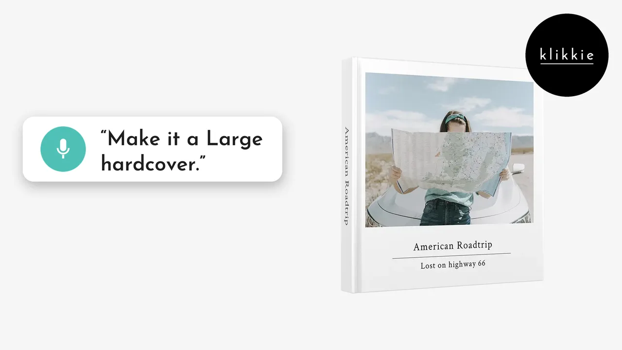 Un fotolibro de klikkie de tapa dura, una guía sobre los tipos de encuadernación de fotolibro, con un bocadillo que dice hazlo en Large de tapa dura