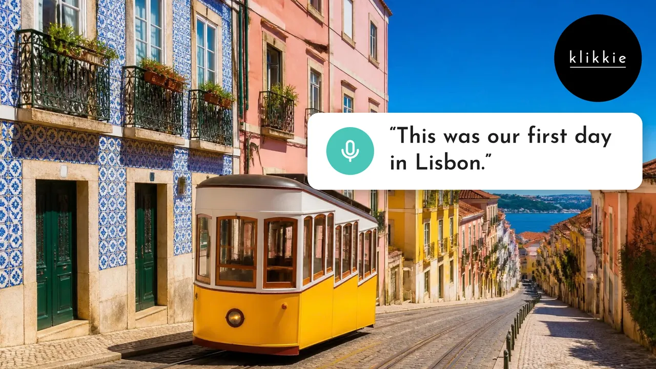 Un tranvía amarillo en una calle soleada de Lisboa, con el texto «This was our first day in Lisbon.»