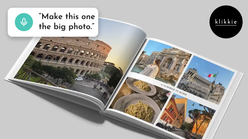 An open klikkie photo book with photos of Rome, with the words “Make this one the big photo.”
