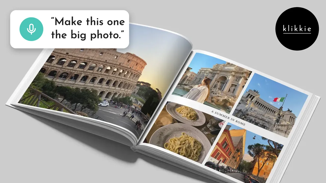 Un álbum de fotos de klikkie abierto con fotos de Roma, con el texto «Make this one the big photo.»